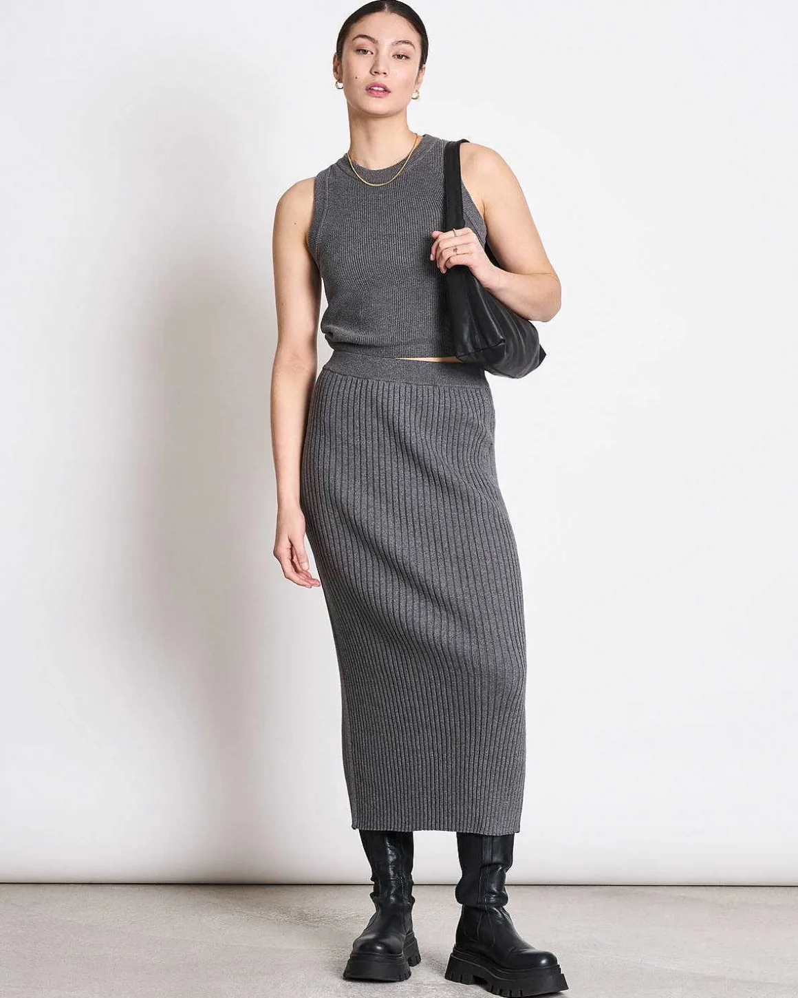 Midi Knit Skirt Ebba Dark Grey Gots
